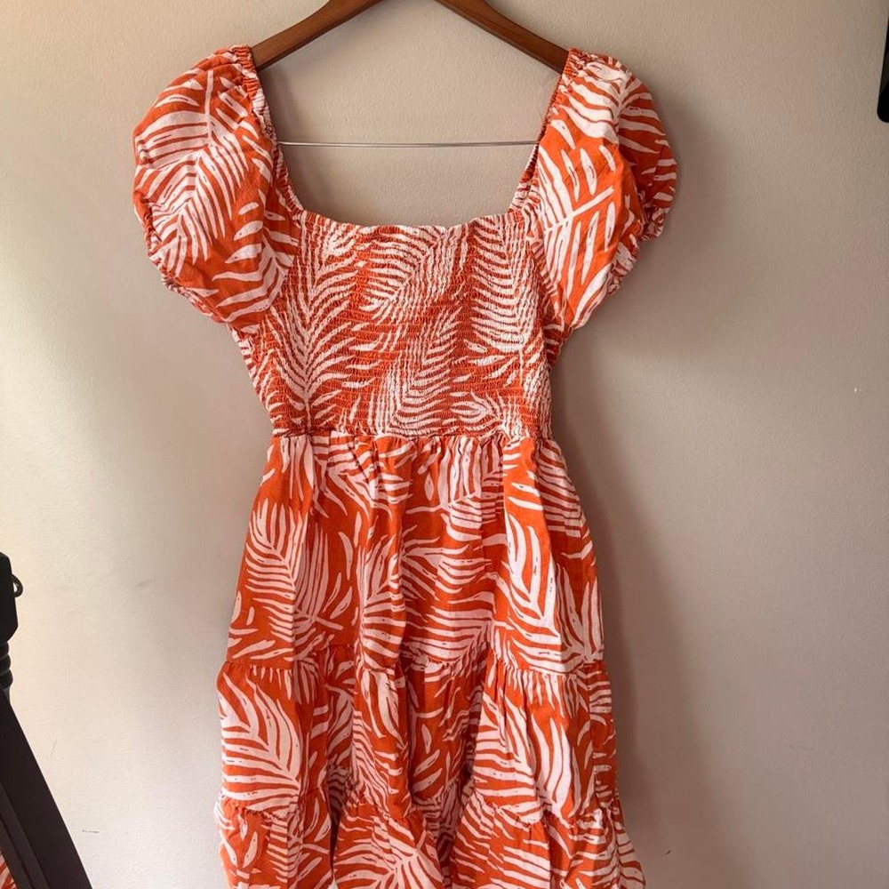 Lapage cotton/linen blend white and orange leaf print mini dress